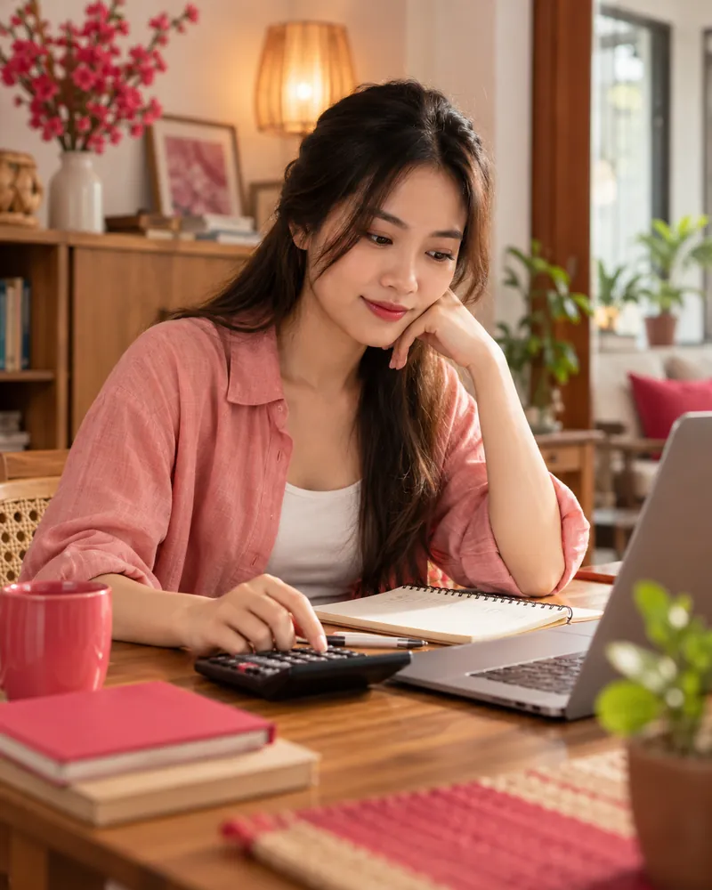 Phụ nữ ngồi bên laptop và máy tính cầm tay để tính toán chi tiêu