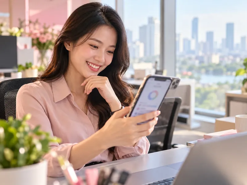 Nhân viên văn phòng xem điện thoại, mỉm cười