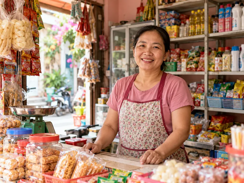 Chủ cửa hàng tạp hoá nhỏ đứng sau quầy